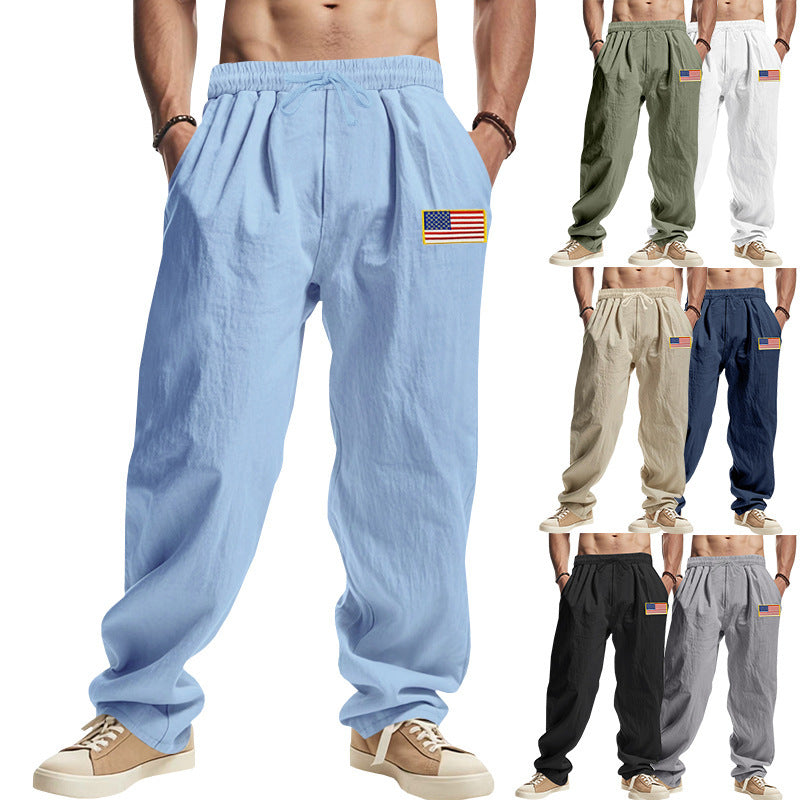 Light blue linen wide-leg hip hop trousers with elastic waistband and drawstring