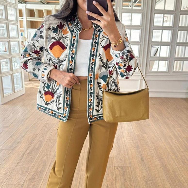 Floral print long-sleeve jacket coat with embroidered trim and zip-front, round neckline