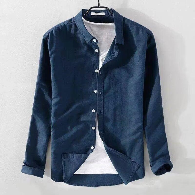 Men's long-sleeve button-up shirt, dark blue, collared with front button placket