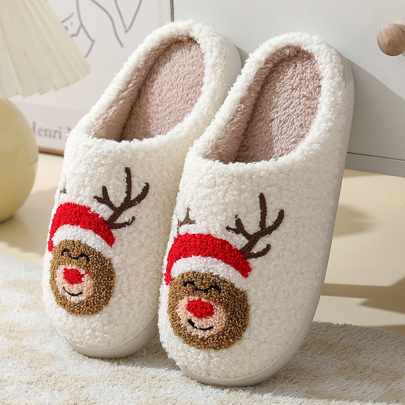 Zapatillas de casa navideñas con bonitos dibujos de Papá Noel, zapatillas de algodón para mujeres y hombres, zapatos cálidos y peludos para invierno