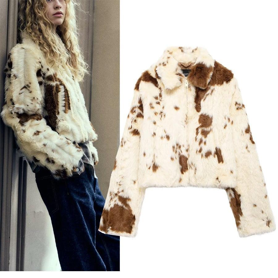 Short faux fur jacket coat, cream with brown cow-print spots, full front zip.