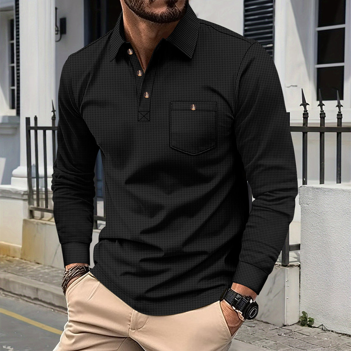 Black waffle-knit long-sleeve button-down shirt with lapel and chest pocket