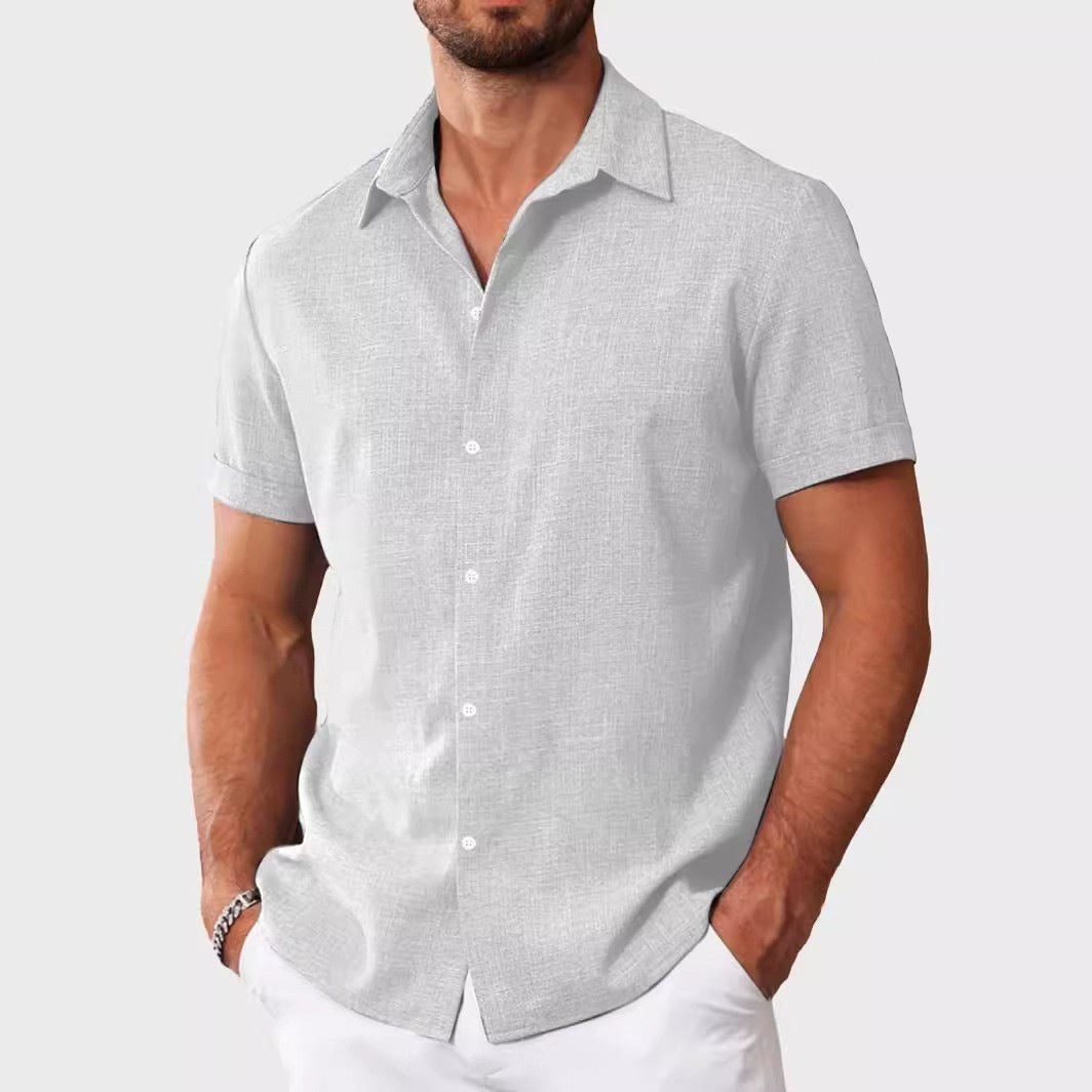 Men's short-sleeve casual button-up shirt, light gray, crisp pointed collar and buttons.