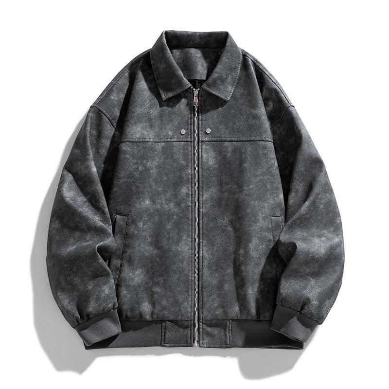 Suede-style leather coat with retro lapels, full-zip front, ribbed cuffs, dark gray