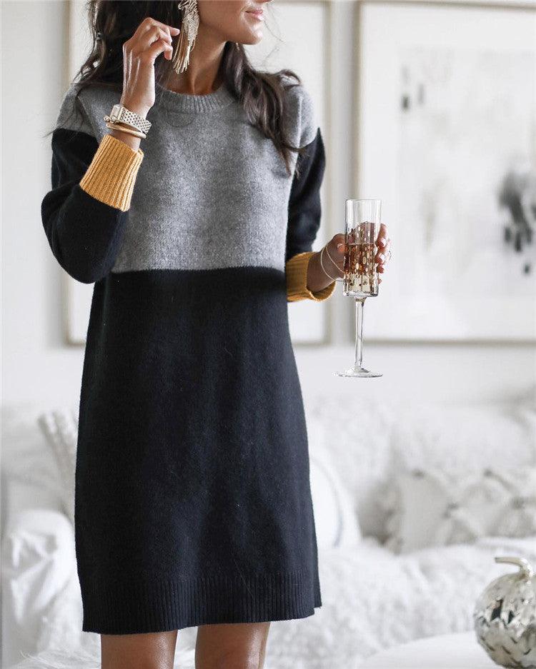 Colorblock knit pullover dress with round neck, gray top and black bottom, long sleeves