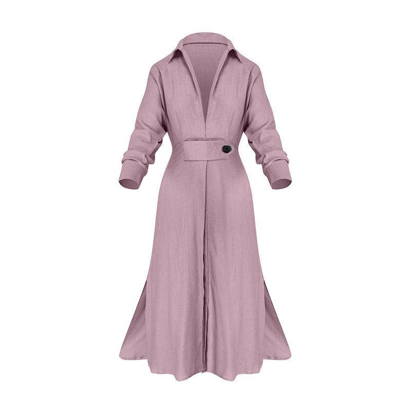 Lavender-pink high-waist long-sleeve shirt dress with front buttons, belt, and side pockets