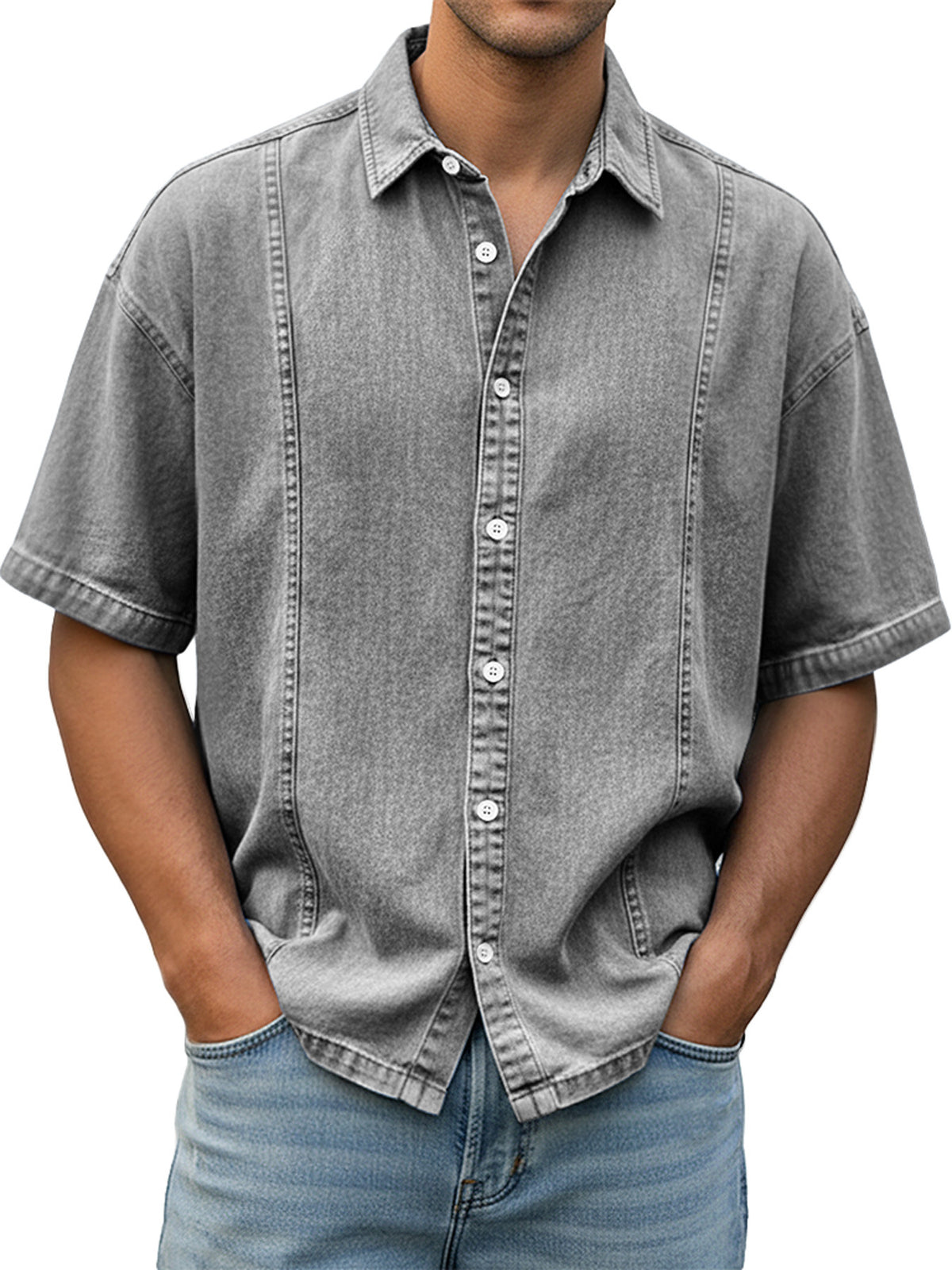 Men's short-sleeve button-up shirt, gray wash with white buttons
