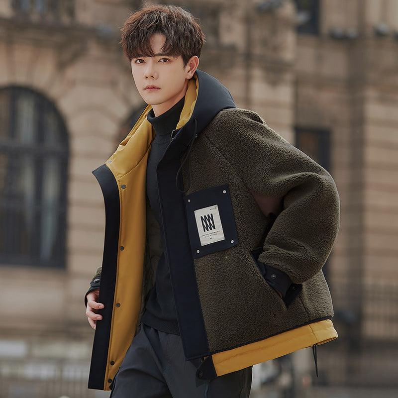Men's hooded down jacket, dark green fleece with navy trim and yellow hem