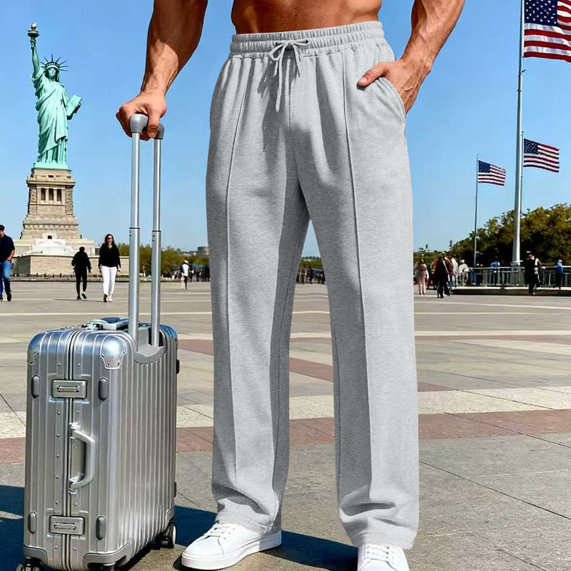 Men's knit straight-leg pants, light gray, elastic waist with drawstring.