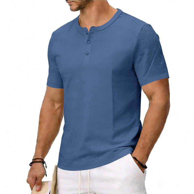 Men's denim blue crew-neck henley T-shirt with short sleeves and button placket