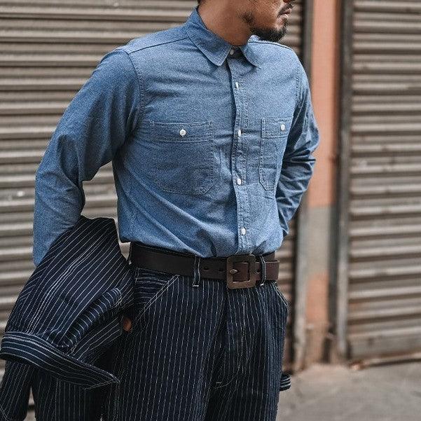 Blue youth long-sleeve button-up shirt with two chest patch pockets