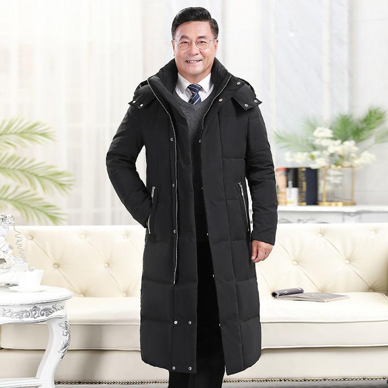 Men's hooded long down coat, black with stand collar and zip pockets