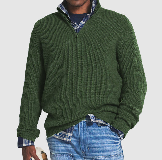 Men's Cotton Relaxed Quarter-Zip Sweater, Army Green - product view 3