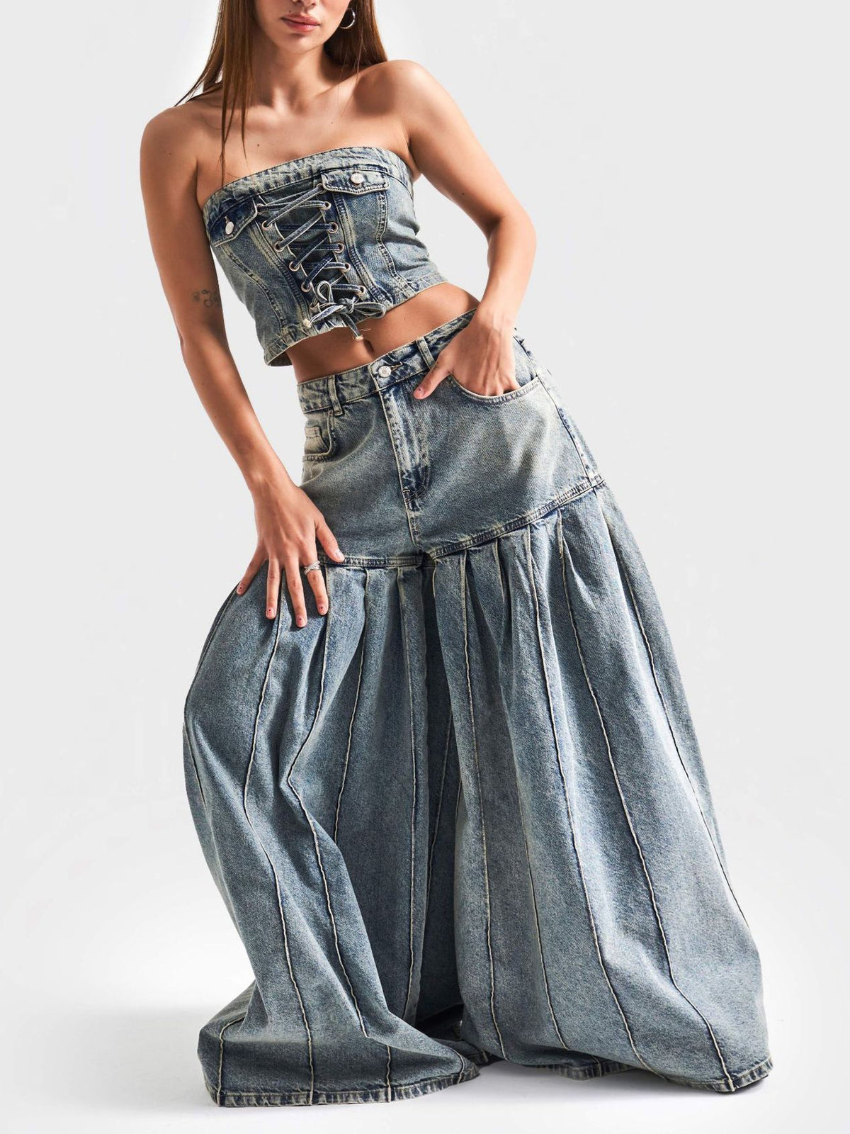 Denim Corset Top & Pleated Wide-Leg Pants Set – product image 1