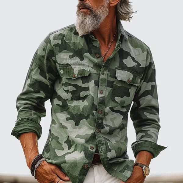 Men's green camo lapel button-up long-sleeve shirt with button-front and pockets