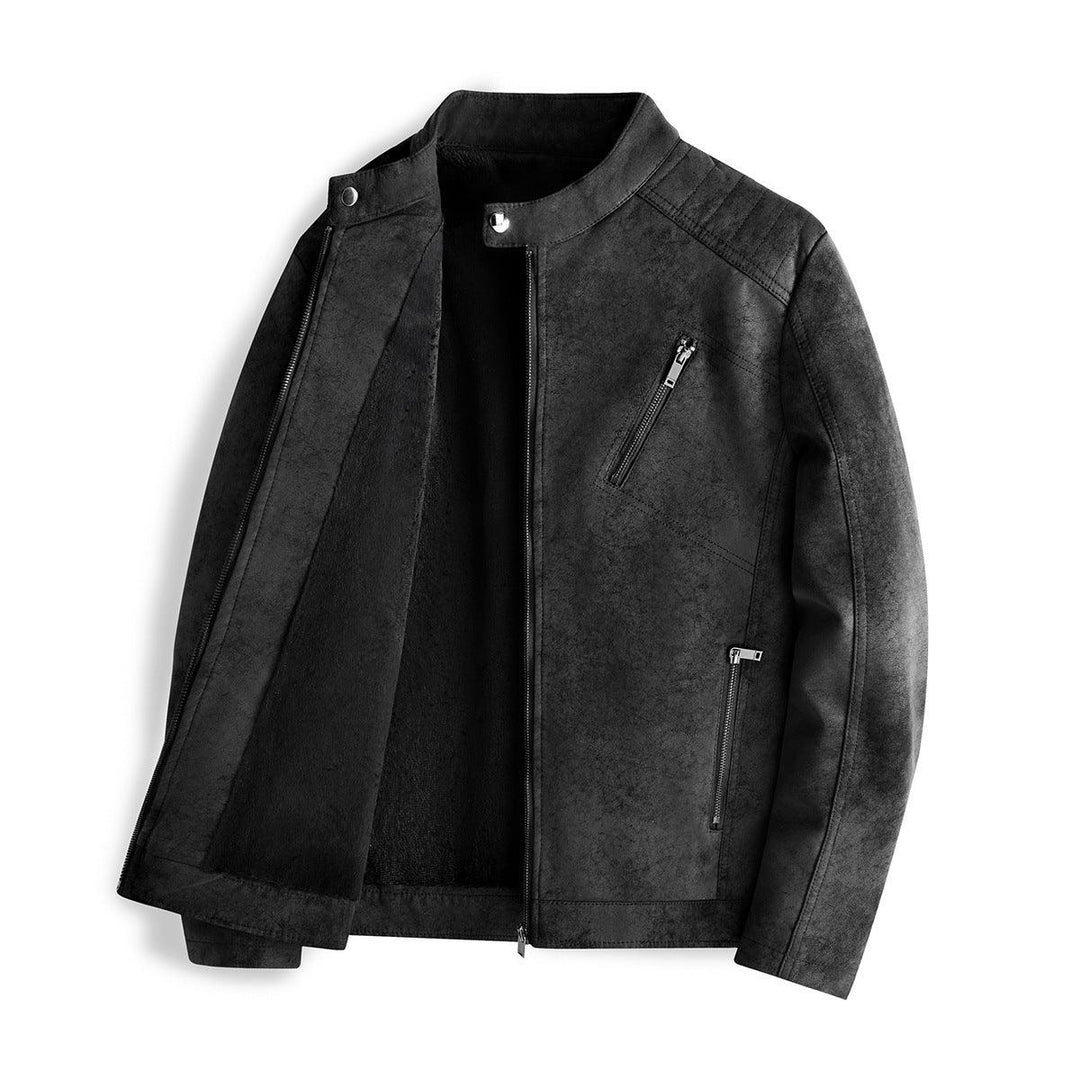 Black fleece-lined slim stand collar jacket with front zip and zip chest pocket