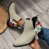 Flowers Printed Ankle Boots Fashion Side Zipper V- - WOMONA.COM