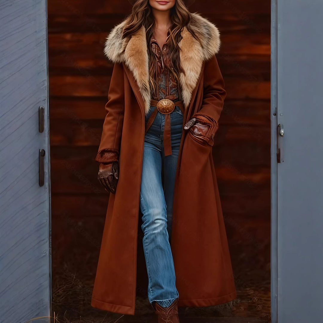 Women's long brown coat with faux fur collar and cuffs, button front