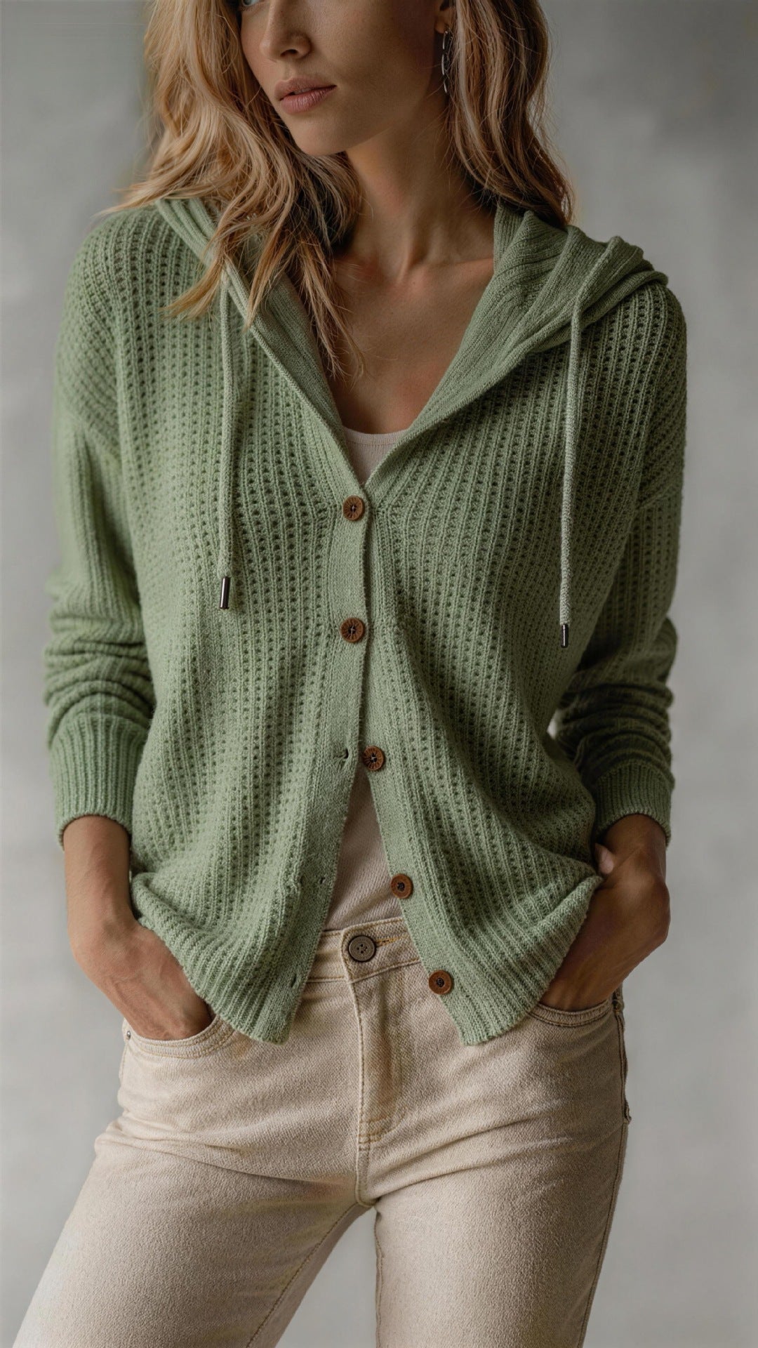 Women’s hooded knit cardigan in olive green, button-front with front pockets and drawstring hood.