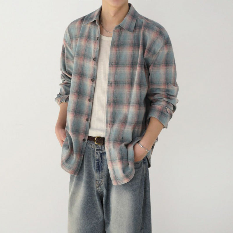 Men's cotton colorblock plaid long-sleeve shirt