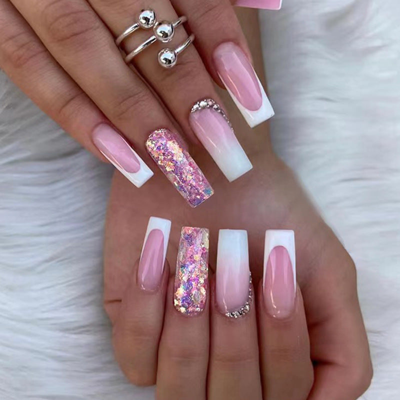 French Gradient Length Pile Rhinestone Fake Nails - WOMONA.COM