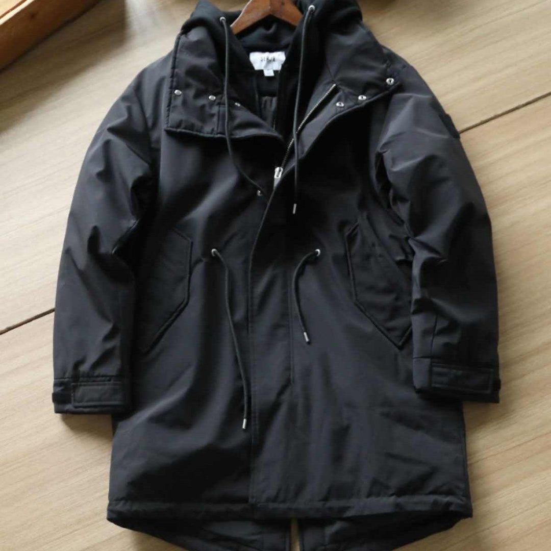 Black hooded parka coat with front zipper, drawstring waist, and two side pockets