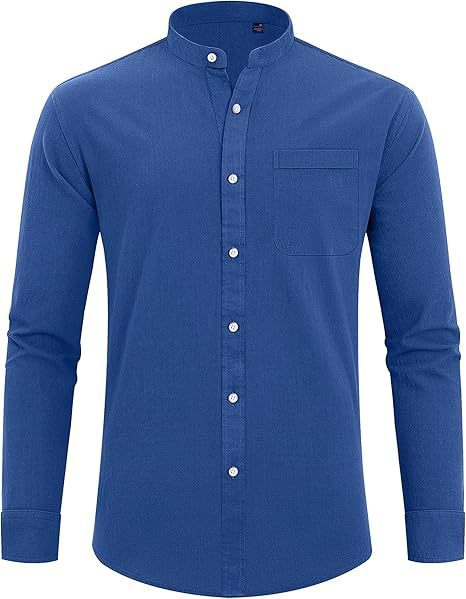 Camisa de algodón de color liso con cuello alto y manga larga para hombre