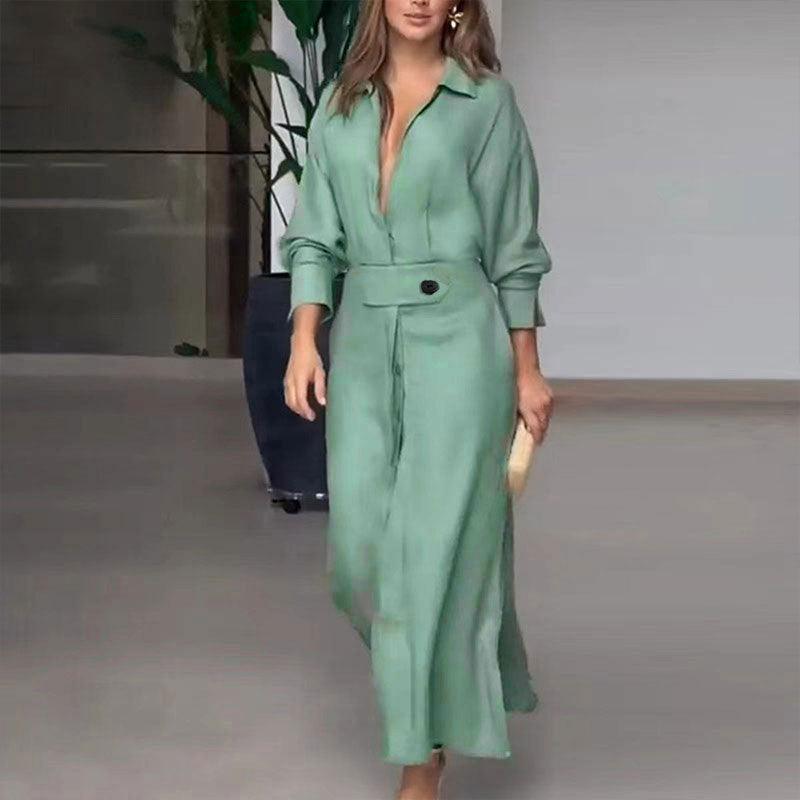 Green long-sleeve shirt dress with high waist, button front, and side pockets