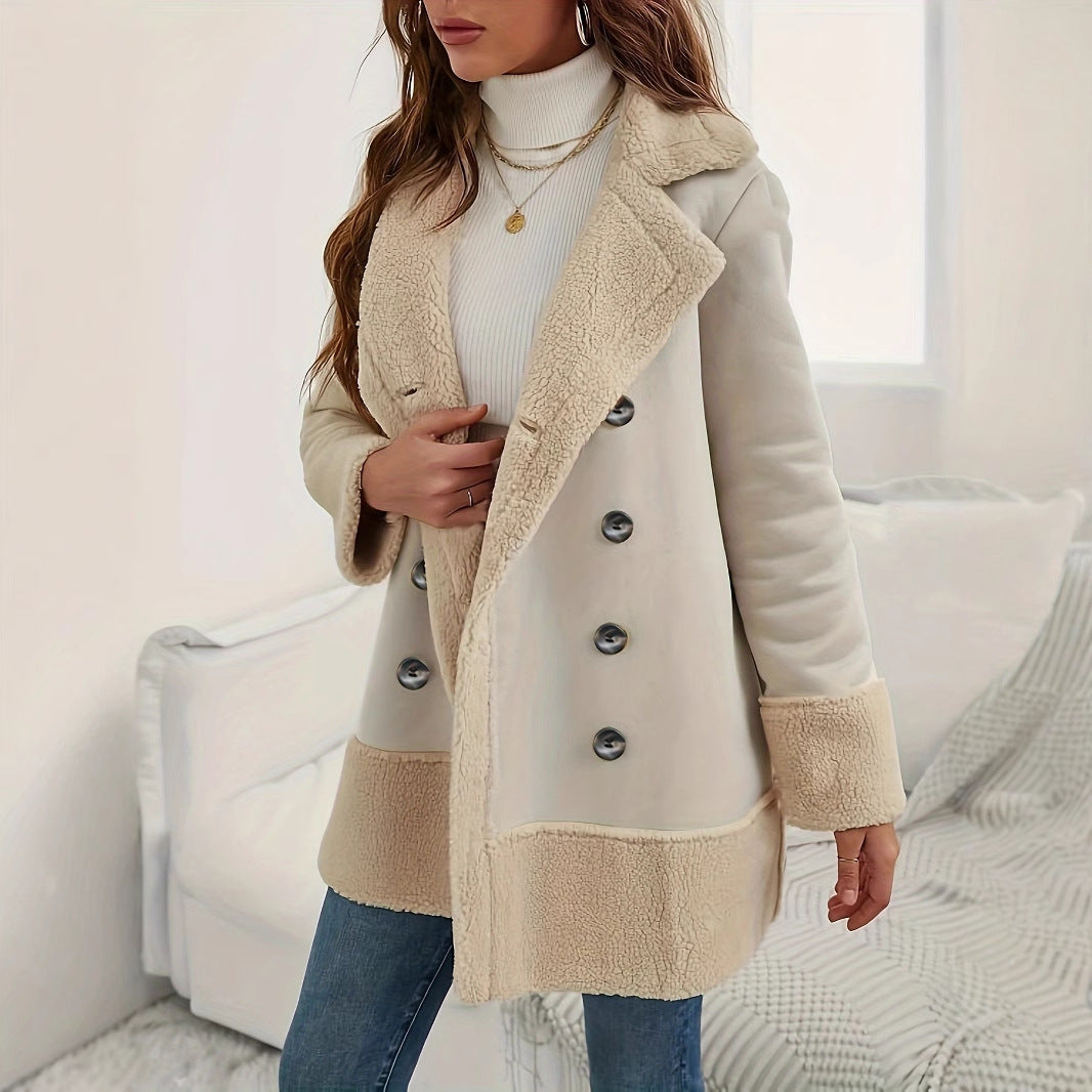 Women's apricot long lapel coat with contrast trim