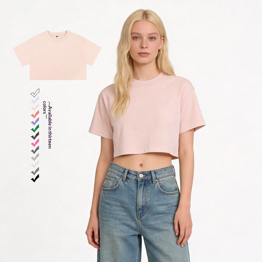 Women's Loose Cotton Round Neck Crop T-Shirt