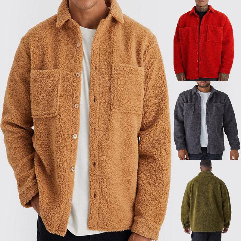 Men's sherpa cardigan jacket with polo collar, button front, chest pockets, tan
