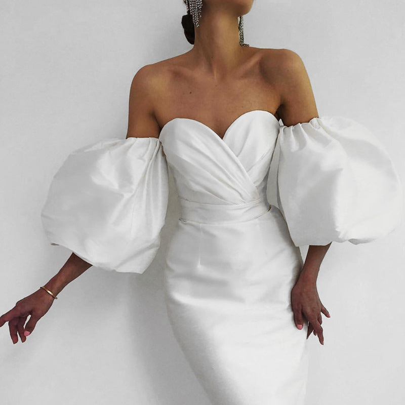 Sweetheart Balloon-Sleeve Fitted Midi Dress — white sweetheart bodice and balloon sleeves
