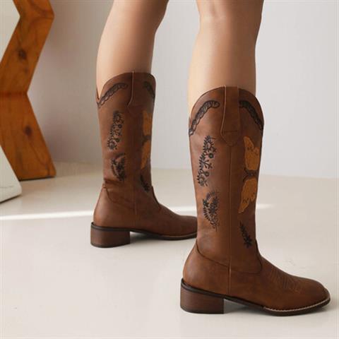 Embroidered Square Toe Mid-heel Boots For Women - WOMONA.COM