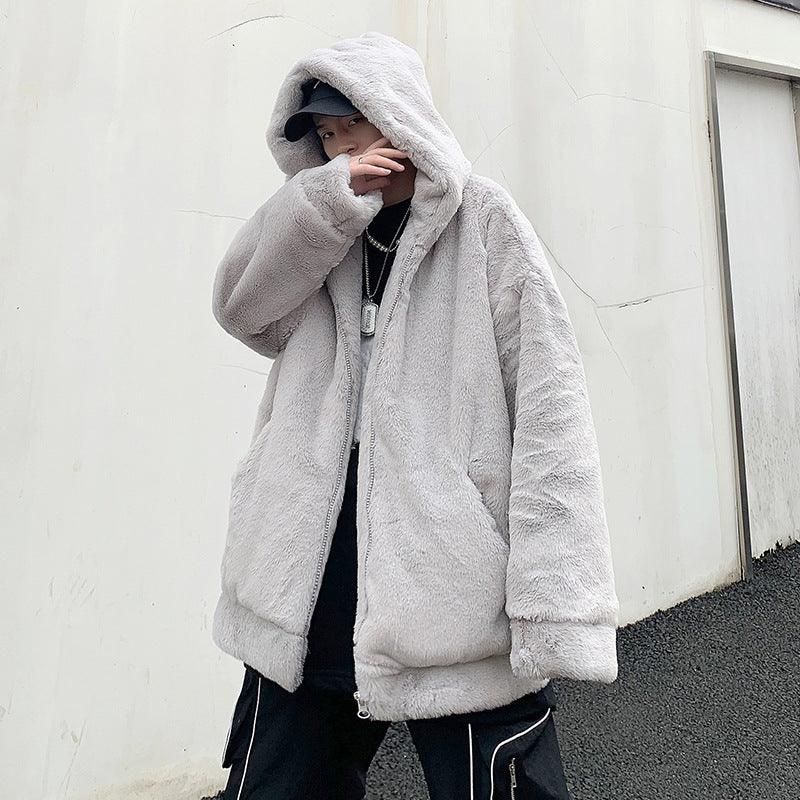 Loose Faux Rabbit Fur Hooded Casual Cotton-padded Jacket - WOMONA.COM