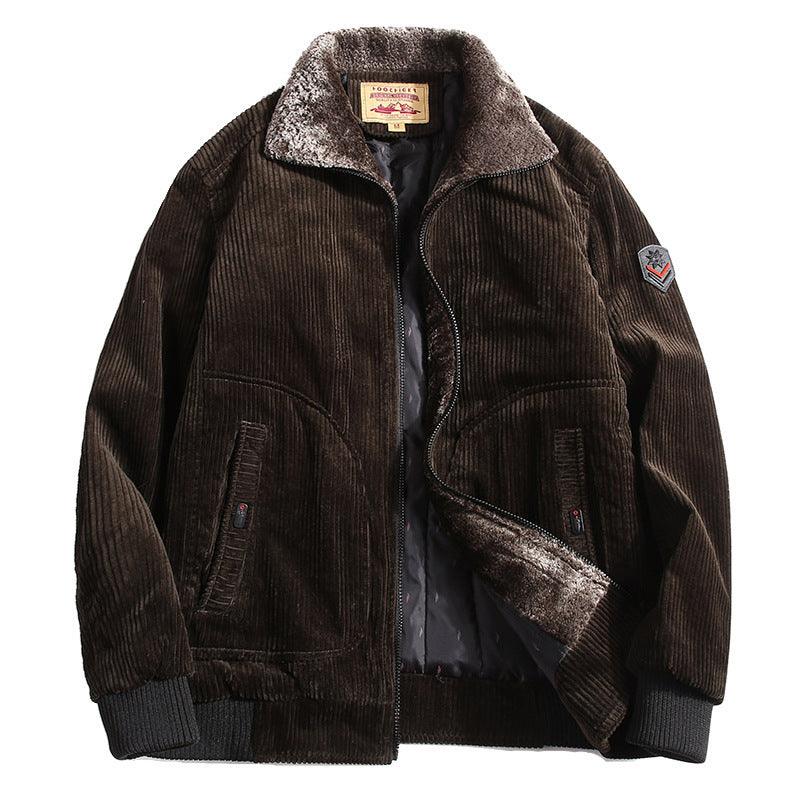 Men's dark brown corduroy coat with sherpa-lined collar, zip front, and side pockets