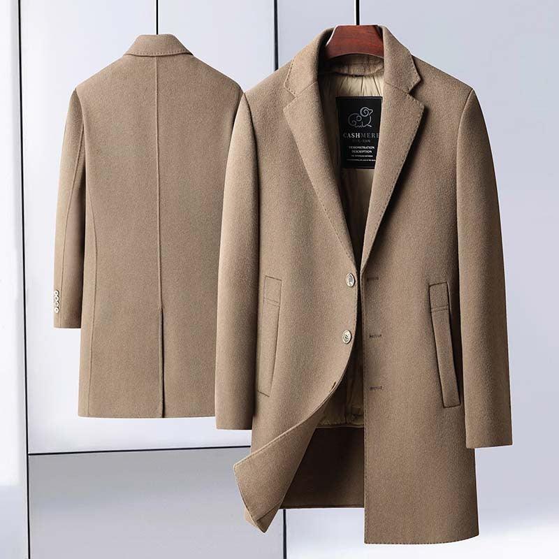 Camel mid-length wool coat with notch lapels and detachable inner goose-down liner.