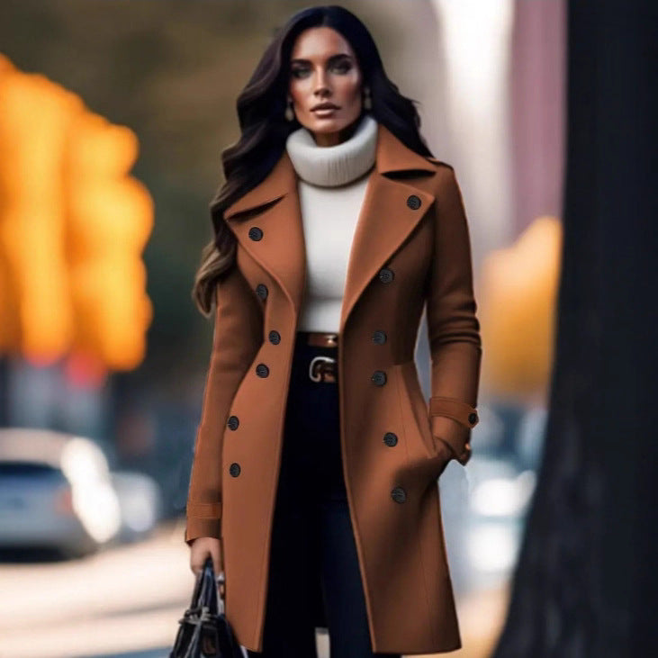 Women’s double-breasted wool coat, dark brown with notch lapels and button details.