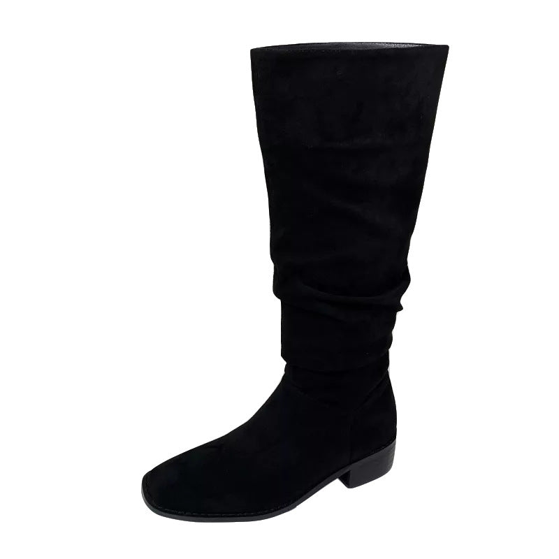 Pile Style Boots For Women Vintage Suede Chunky Heel Square Toe - WOMONA.COM