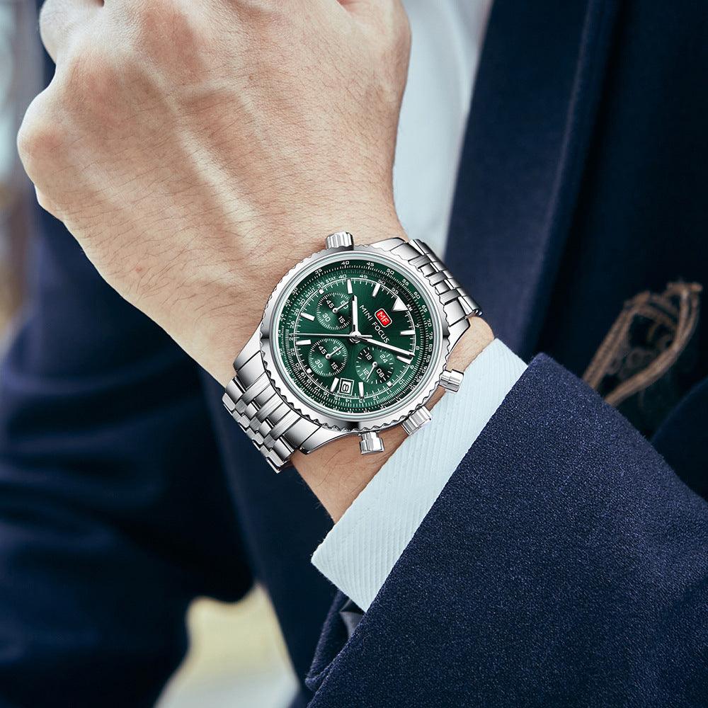 Men's multifunction quartz watch with green dial and silver metal bracelet