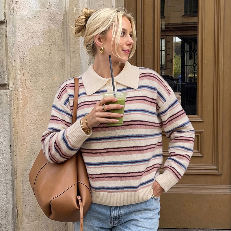 Women's pink striped polo collar knit sweater
