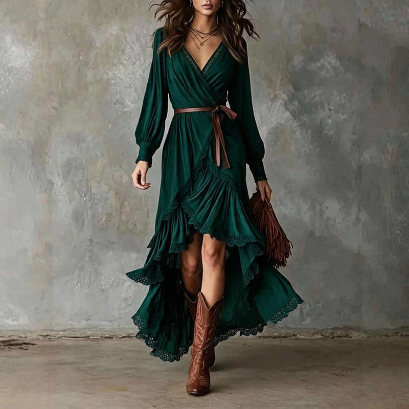 Green satin-look asymmetrical hem slit dress with ruffled layers and V-neck