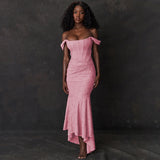 Fashion Off-neck Tube Top Stitching Hip Fishtail Dress - WOMONA.COM