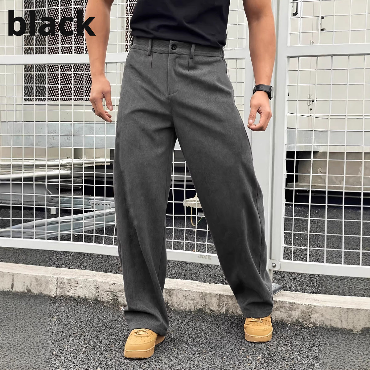 Plus-size men's corduroy trousers, dark gray, pleated front and side pockets