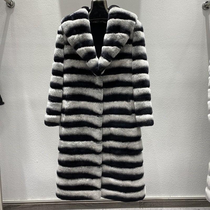 Grey faux fur jacket with standing collar, bold horizontal stripe pattern