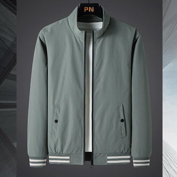 Youth stand-collar zip coat in sage green, with striped ribbed cuffs and hem