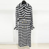 Black And White Diamond Grid Belt Long Trench Coat - WOMONA.COM