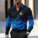 Camisa navideña de manga larga con estampado navideño para hombre con degradado multicolor