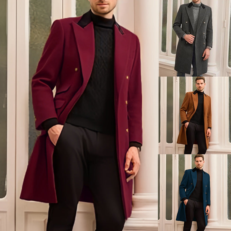 Men's wool casual jacket in burgundy, long single-breasted coat with gold buttons