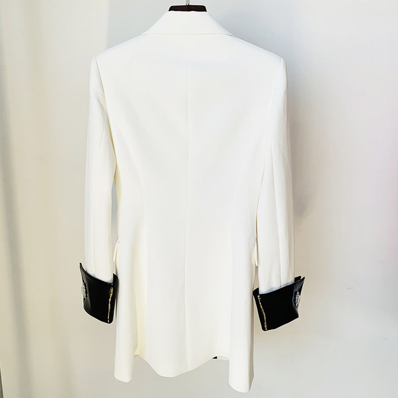 Contrast Leather Blazer Collar Diamond Jacket - WOMONA.COM