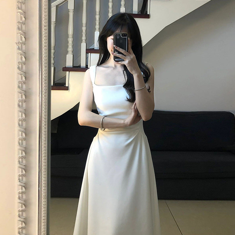 French Style Waist-controlled White Strap Dress - WOMONA.COM